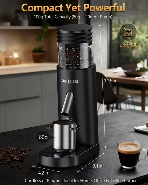 No Fuss Portable Rechargeable Conical Burr Coffee Grinder With 60 Precision Settings And Usb C Quick Charge battery powered espresso grinder on counter.