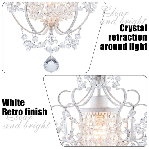 Close-up of Plug In Mini Crystal Chandelier, white retro finish with crystal refraction and elegant iron frame detailing.