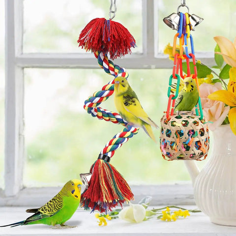 Colorful All In One Bird Toy Set With Rope Perch And Bell Foraging Chewing Shredding Toys For Parrots Conures Cockatiels Budgies Lovebirds Parakeets