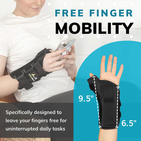Wrist And Thumb Spica Splint For De Quervain Tenosynovitis Long Forearm Cast Stabilizer, woman wearing black brace using phone