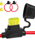 Waterproof Inline Fuse Holder 12 Volt 14 AWG 2 Pack Comes Rigged With Two Standard 20 A Blade Fuses For Automotive And Marine Mods, close-up view.