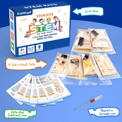 Six In One STEM Kit For Kids Ages Eight To Twelve With 3D Puzzles Building And Engineering Models Wood Arts And Craft Toys displayed.