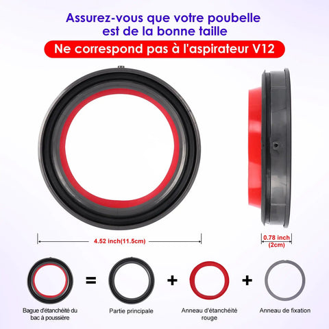 Dust Bin Top Sealing Ring Replacement For Cyclone V10 SV12 Vacuum Cleaner Fits Absolute Motorhead Allergy Animal And More Models Premium Quality Durable Seal Part Fast Install No Leaks, dimensions displayed.
