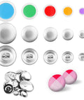 DIY Fabric Covered Button Kit With Five Sizes And Tools, multi-size metal and fabric buttons displayed.