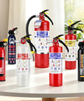 Set of 2.5 Lb Abc Dry Powder Fire Extinguishers Rated 1A 10B C displayed on table for home security and fire safety.