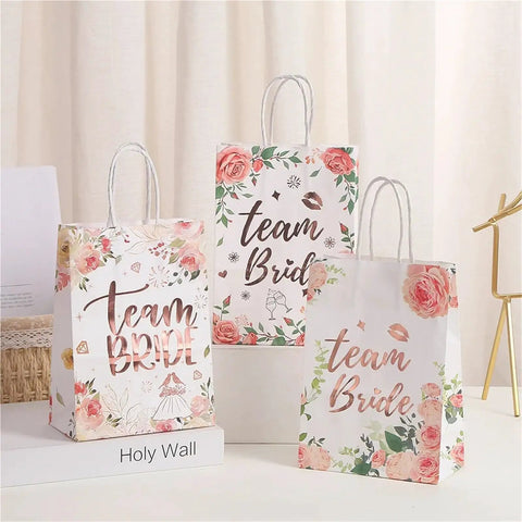 Team Bride Gift Bags With Handles Set Of 20 for Bridesmaids, durable paper bags with floral design for wedding gift wrapping.