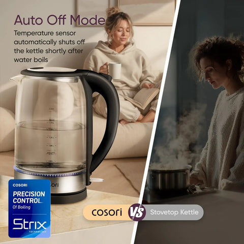 No Plastic Water Contact Electric Kettle With Wide Mouth Borosilicate Glass 1.7L Tea Kettle Auto Shut Off Quick Boil Under 3 Minutes Easy Clean 1500W Black next to person in kitchen setting.