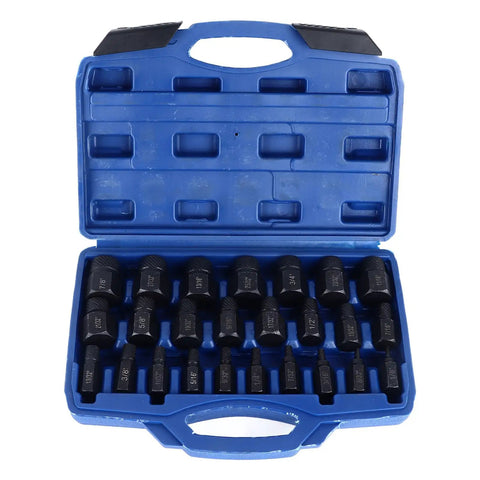 Open blue case displaying Beast 25 Piece Screw Extractor Set For Broken Screws And Bolts, alloy steel kit for varied sizes from 1/8 to 7/8 inch.