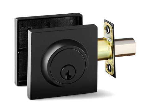 Entry Lever Door Handle Set With Single Cylinder Deadbolt, Slim Square Lever, Heavy Duty Iron Black Finish, front view