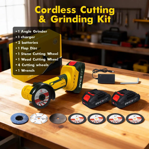 Cordless 21V Mini Angle Grinder Kit with brushless motor, batteries, charger, and cutting wheels on a workbench.