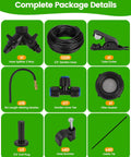 120Ft Drip Irrigation Kit With 18 Adjustable Misting Nozzles, Quick Connect Design components display with hose, splitter, and cutter