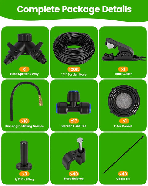 120Ft Drip Irrigation Kit With 18 Adjustable Misting Nozzles, Quick Connect Design components display with hose, splitter, and cutter