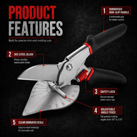 Adjustable 45 To 135 Degree Miter Shears For Wood Trim Molding, Quarter Round Cutting Tool, PVC Pipe Cutter With Spare SK5 Blades with rubber grip