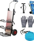 Heavy Duty Electric Stair Climber Cart With Removable Battery Powers Through Heavy Loads Like Copiers And Kegs To Save Time And Backs During Industrial Work with gloves and straps.
