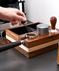 Espresso Knock Box And 4 In One Organizer For Home Barista Setup With Tamper Stand Distributor Holder 51 And 54 Mm Portafilter Basket Holders And Wooden Base Built To Last For Your Coffee Station, featuring wooden base and coffee accessories.