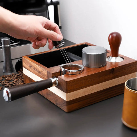 Espresso Knock Box And 4 In One Organizer For Home Barista Setup With Tamper Stand Distributor Holder 51 And 54 Mm Portafilter Basket Holders And Wooden Base Built To Last For Your Coffee Station, featuring wooden base and coffee accessories.