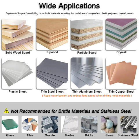 Wide applications for drilling various materials including plywood, drywall, plastic sheets, and thin metal sheets.