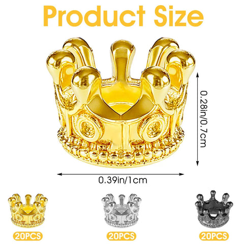 Mini Crown Beads 60 Pcs Set for DIY Jewelry Making Gold Silver Black 3D Alloy Crown Charms Large Hole Spacer Beads
