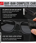 Ray-Ban sunglasses with cleaning kit, spray, cloth, and case displayed in packaging showing maintenance instructions.