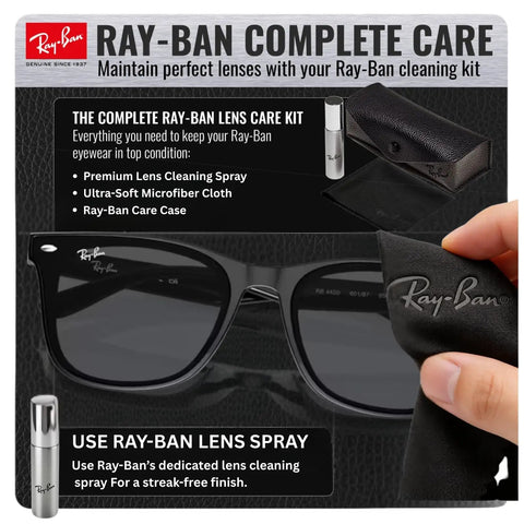 Ray-Ban sunglasses with cleaning kit, spray, cloth, and case displayed in packaging showing maintenance instructions.