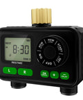 Digital two zone sprinkler timer with brass inlet, large dial, and display for outdoor hose faucet irrigation setup.