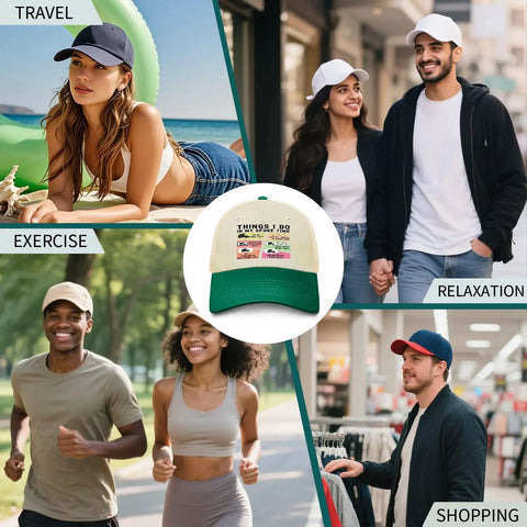 Collage showcasing Funny Spare Time RV Camper Sun Hat For Dad Cool Cap in travel, relaxation, exercise, shopping settings.