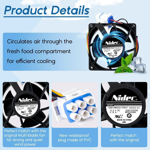 Upgraded WR60X26866 Refrigerator Evaporator Fan Motor Replacement with PVC plug and ABS housing, Nidec branding visible.