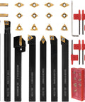 21-piece lathe turning tool set with 3/8 in (10 mm) shanks, 7 carbide insert holders and 14 inserts, red clamps and hex keys
