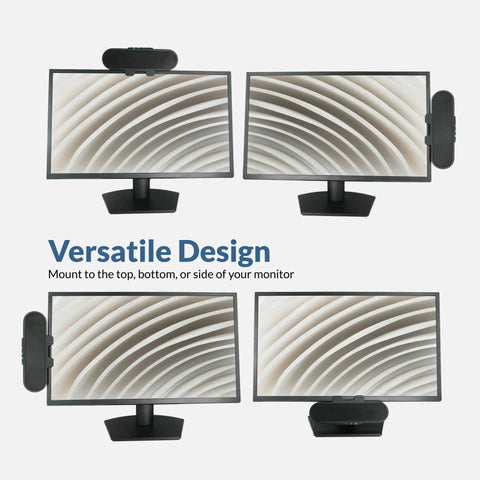 USB And Bluetooth Speaker Bar For PC With Built-In Speakerphone, Clamps To Monitors Up To 2 Inch Thick, shown mounted on monitors