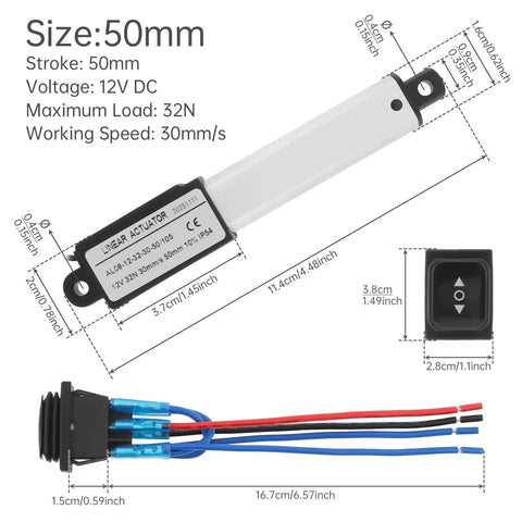 Diagram of Compact 12V Micro Linear Actuator with 50mm stroke, 30mm/s speed, 32N load, waterproof switch, and mounting dimensions.