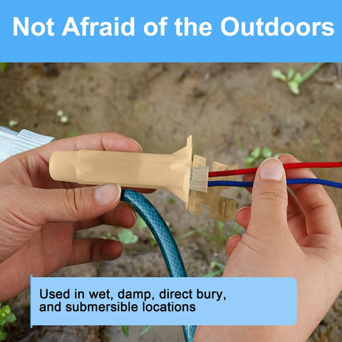 Hands assembling 30 Pack Waterproof Direct Burial Wire Cable Splice Kit 22AWG To 10AWG for landscape and irrigation use.