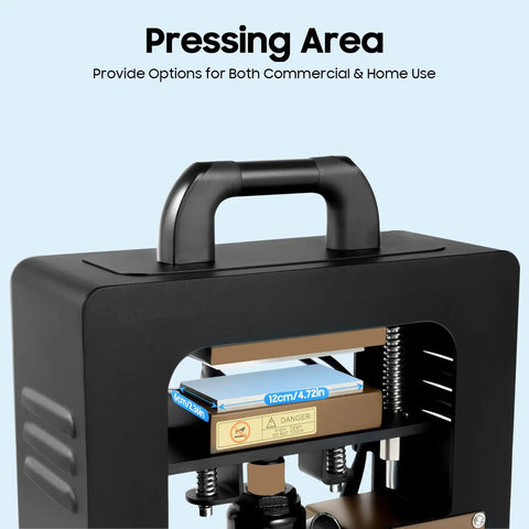 Ten Ton Hydraulic Shop Press With 400 Degree Aluminum Heating Plates And Digital Timer Control showing the pressing area for various uses.
