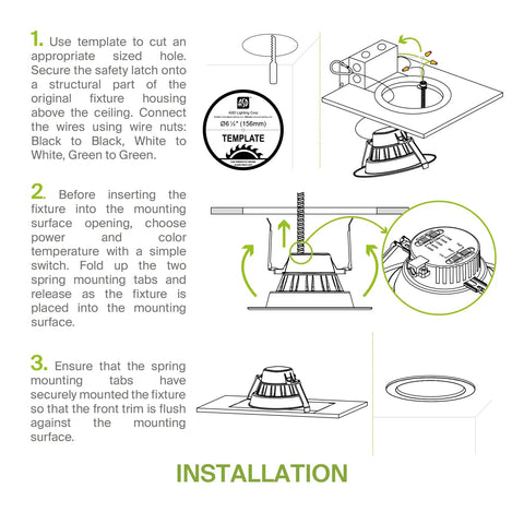 Installation diagram for 6 Inch Canless LED Downlight With Power Adjustable 10, 15, And 22 Watts Round Dimmable Recessed Ceiling Light Fixture