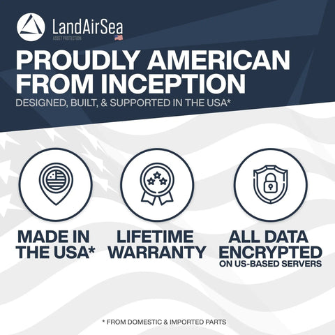 LandAirSea GPS tracker features made in USA, lifetime warranty, encrypted data services.
