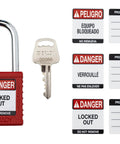 Red Keyed Alike Lockout Padlock Set, 12 Pack, Nylon Body With Steel Shackles, Brass Key Retaining Cylinders, 1 Key Per Lock, OSHA Compliant Lockout Gear for Tagout Jobs; Padlock shown with lockout tags and a key.