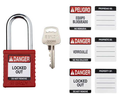 Red Keyed Alike Lockout Padlock Set, 12 Pack, Nylon Body With Steel Shackles, Brass Key Retaining Cylinders, 1 Key Per Lock, OSHA Compliant Lockout Gear for Tagout Jobs; Padlock shown with lockout tags and a key.
