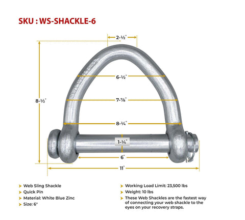 Heavy Duty Web Sling Shackle 6 Inch With Quick Pin 23,500 Lbs WLL White Blue Zinc Finish for recovery straps.