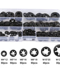 Starlock Washer Set 320 Piece Internal Tooth Locking Washers Kit With 7 Sizes M3 M4 M5 M6 M8 M10 M12, organized in a box.