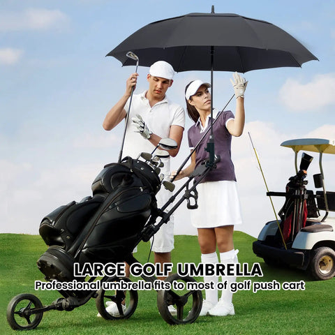 Golfers with Oversized 54 Inch Windproof Golf Umbrella With Double Canopy, Heavy Duty Rain Shield For Golf, Sports Games And Push Cart, Black.