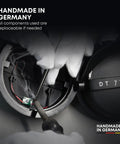 Hands assembling DT 770 Pro X Wired Studio Headphones 48 Ohm Closed Back, showing internal components, Handmade in Germany, Black.