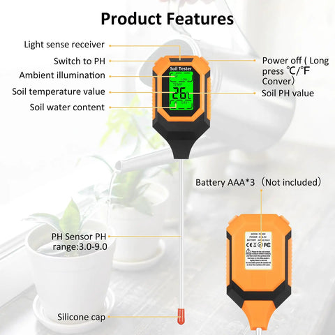 4 In 1 Soil Tester Meter For pH Moisture Temperature And Light With Backlit LCD Display shown with product features and labels
