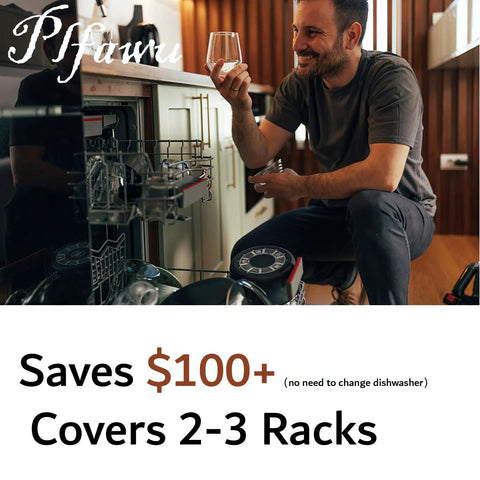 Man using a dishwasher showing Universal Dishwasher Rack Tine End Cap Replacement 100 Pack Flexible Vinyl Extra Long One Inch Tips