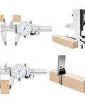 0-6 Inch Four Way Dial Caliper with Shock Proof Imperial Carbon Steel, measuring wood block, close-up of precision measurement