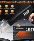Close-up of a person using the Plastic Welder Kit With 1200 Staples For DIYers - Instant On Off 100W Heat on plastic surface, displaying rapid heating chart.