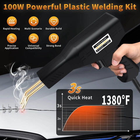 Close-up of a person using the Plastic Welder Kit With 1200 Staples For DIYers - Instant On Off 100W Heat on plastic surface, displaying rapid heating chart.