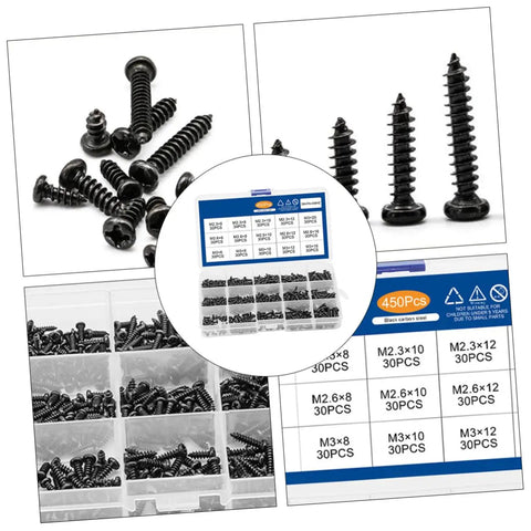 Multi Purpose Self Tapping Screws Set In A Handy Box with cross head carbon steel screws for electronics and household repairs.