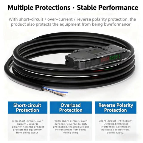 E3Z-22N NPN Output Optical Sensor with diffuse reflection and dual LED display, shown with protective cable and connection wires.