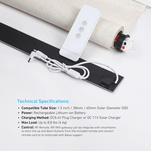 Battery Powered DIY Electric Roller Shade Motor For 1.5 Inch Tubes Upgrades Manual Blinds To Motorized, ERB25 Compatible, Fits 38mm Tubes And Most Roman And Roller Hardware, Easy Installation And Smooth Quiet Operation