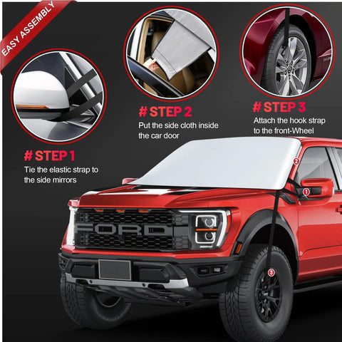 Installation steps for Truck Windshield Sun Cover 600D Heavy Duty Sun Shade For Pickups on red Ford pickup demonstrating easy assembly.
