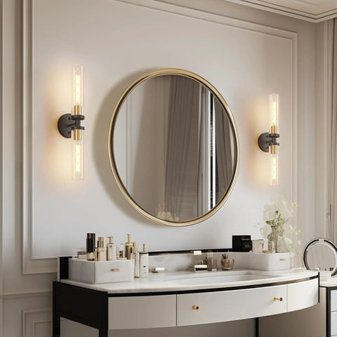 Mermiviok Matte Black Wall Sconces Set of 2, Clear Glass Vanity Lights mounted beside a round mirror in a stylish bathroom.